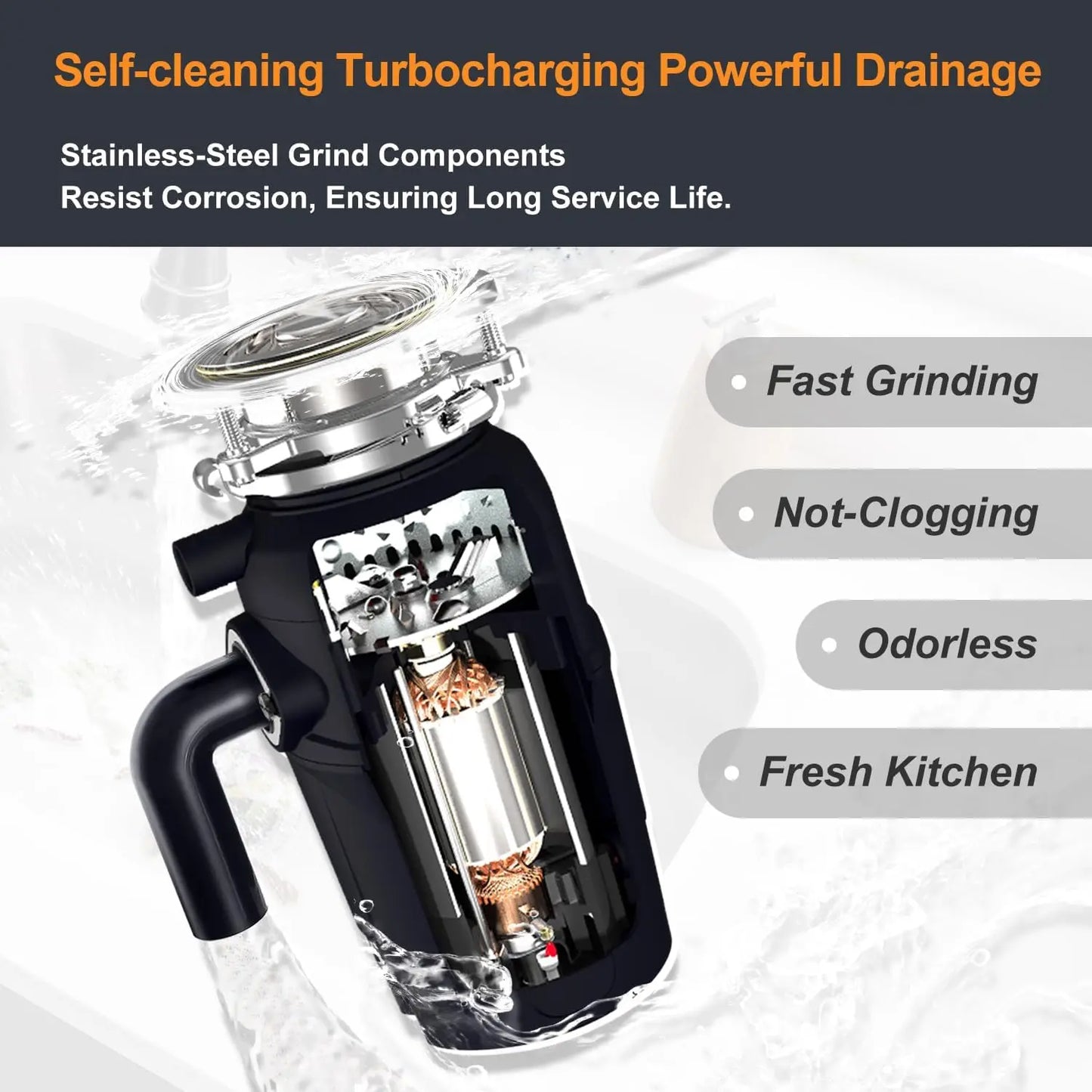 XMSJ 3/4 HP Garbage Disposal For Kitchen Sink Quiet With Power Cord