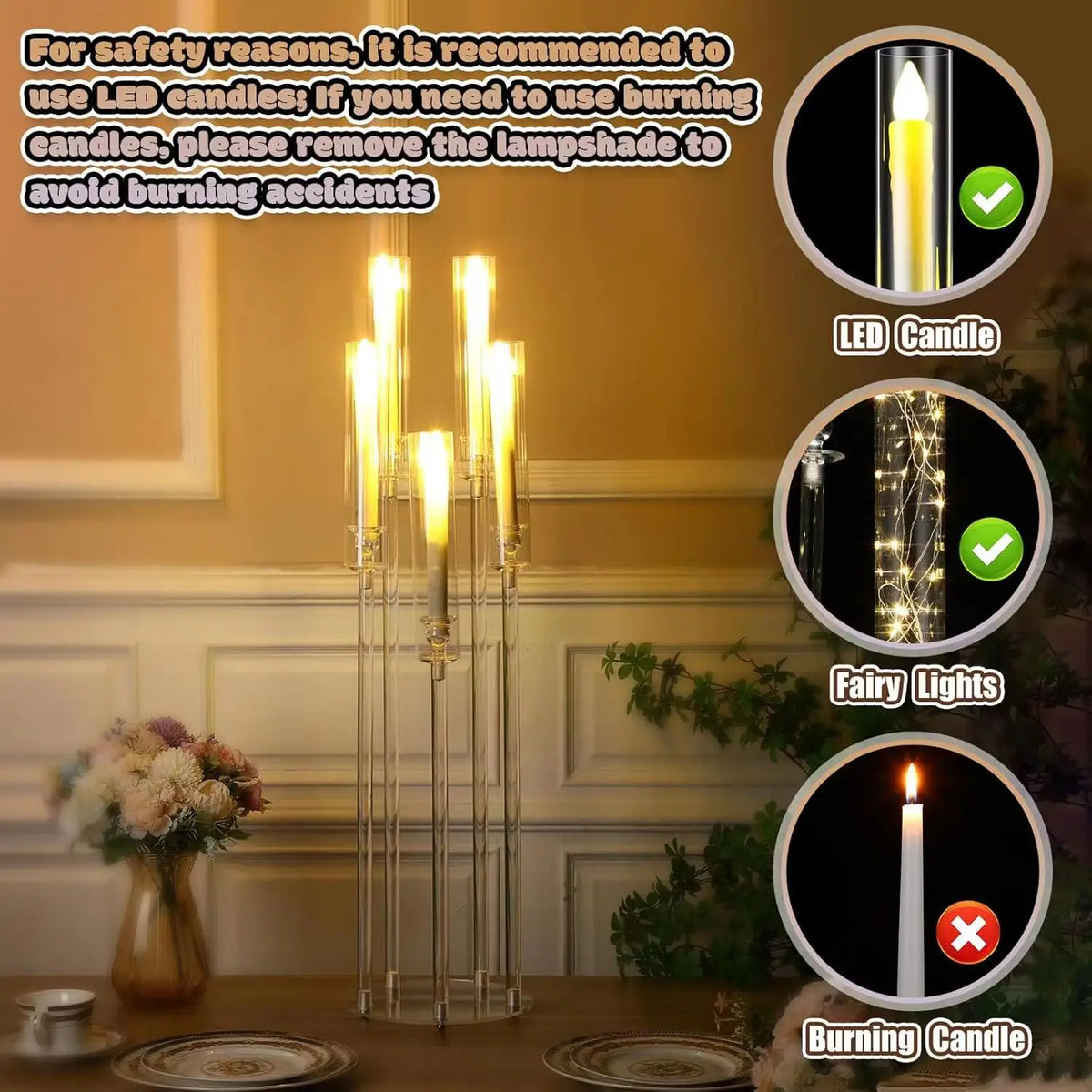 Acrylic Candelabra Centerpieces With LED Candles For Weddings