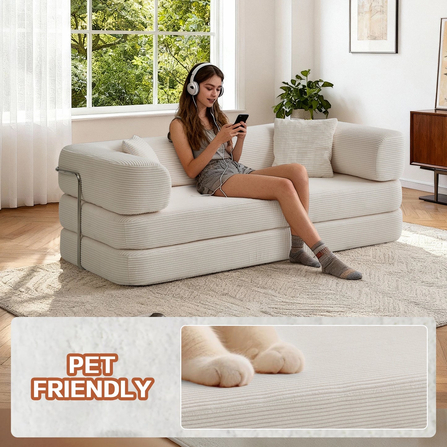 Futon Sofa Bed Convertible Corduroy Couch With L Shaped Armrests For Living Room