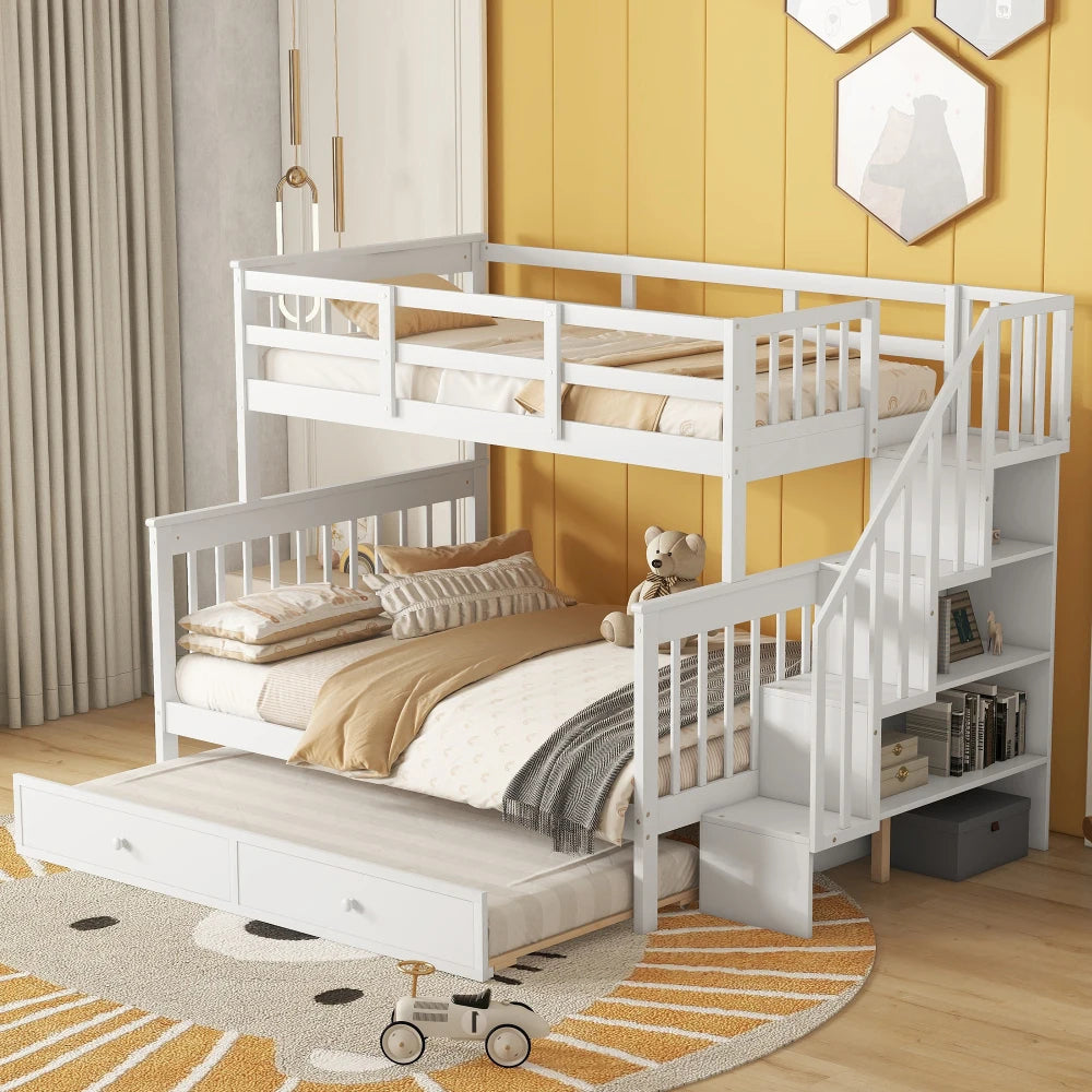 Twin Over Full Bunk Bed With Trundle Storage And Guardrail