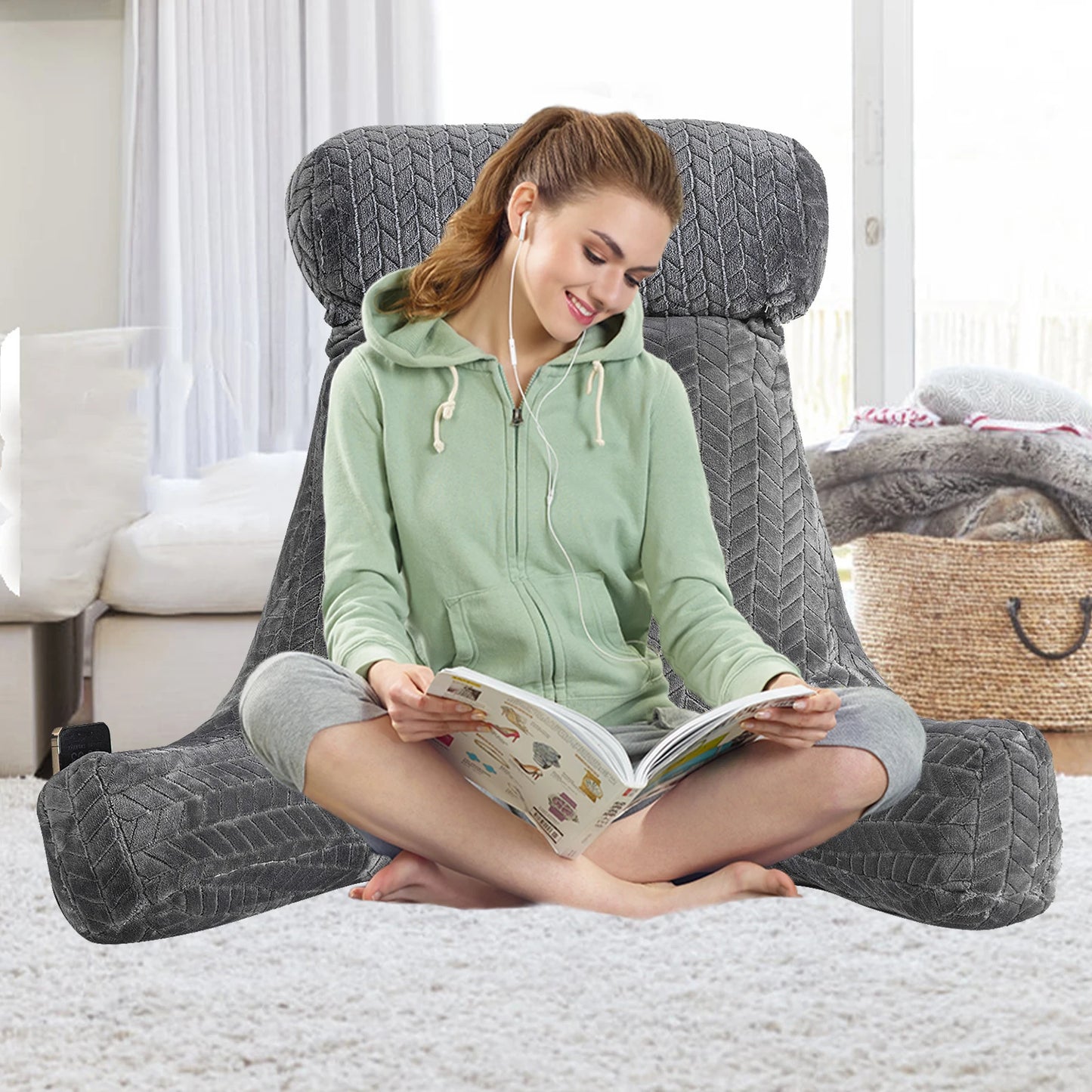 Bed Rest Reading Pillow With Arms For Backrest Support And Neck Roll