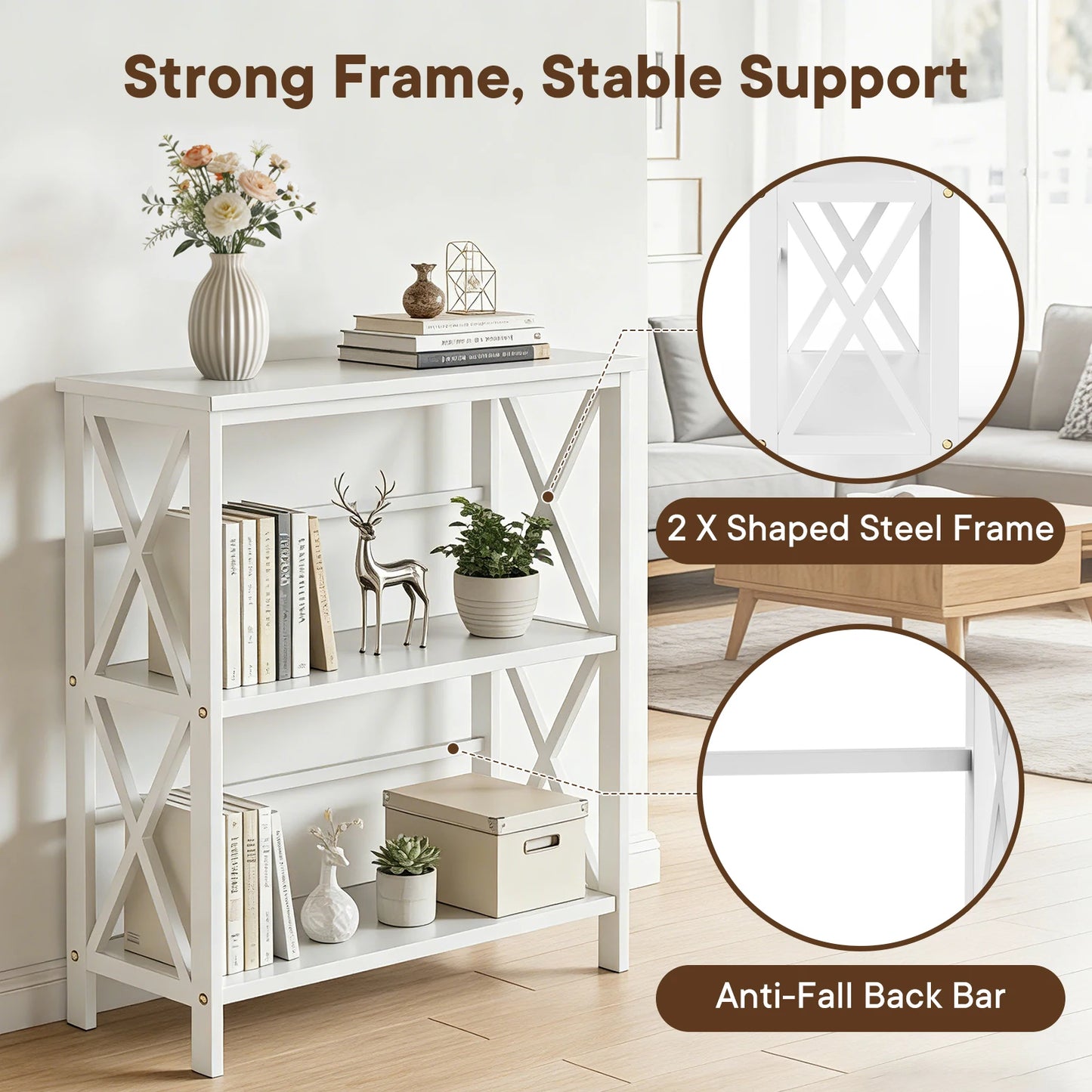 JHK 3 Tier Bookshelf with Wood Shelves and X Design