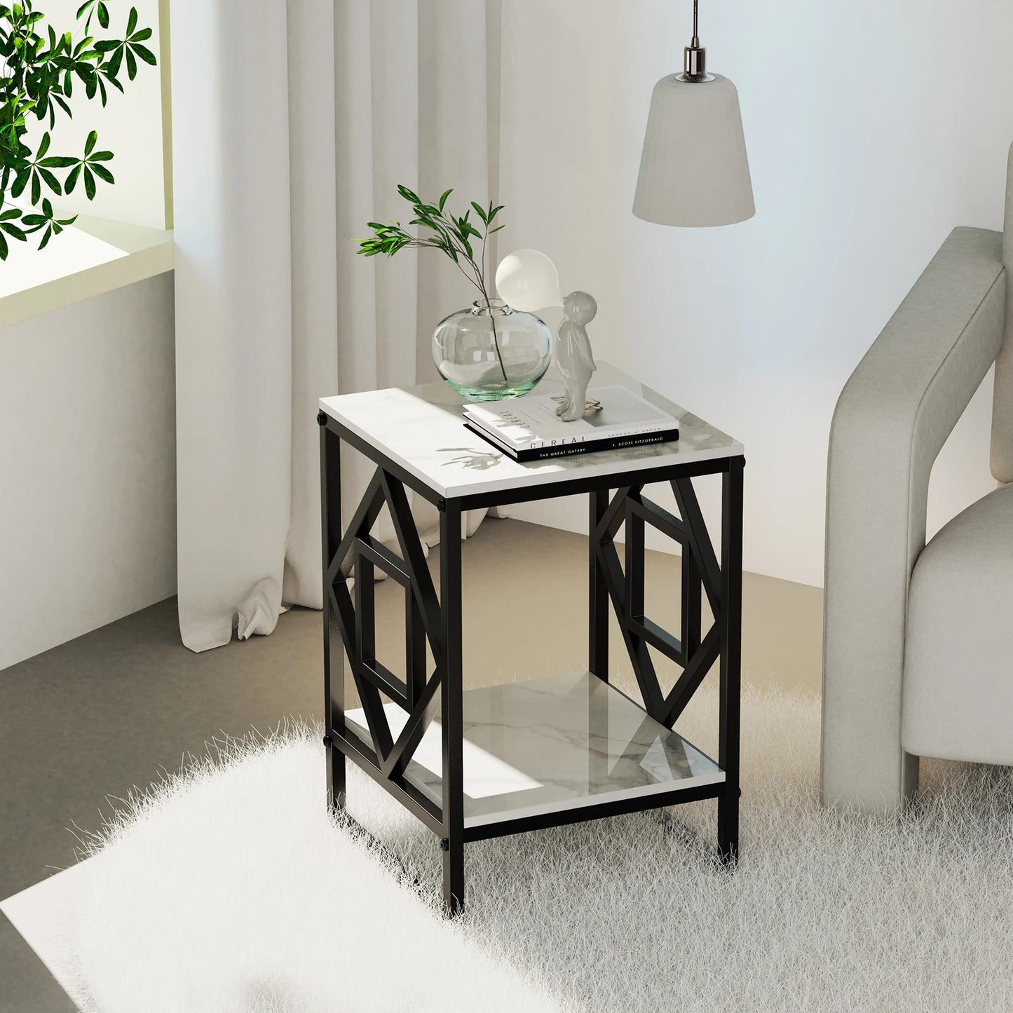 White Marble Top Side Table With Black Coated Frame