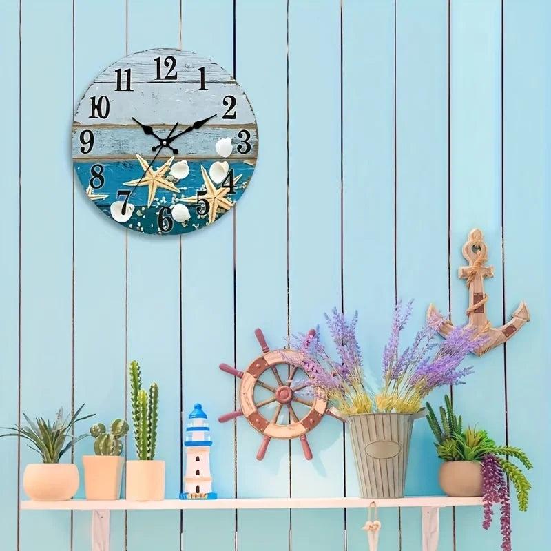 Blue Sky White Clouds Beach Themed Wall Clock Silent Battery Operated