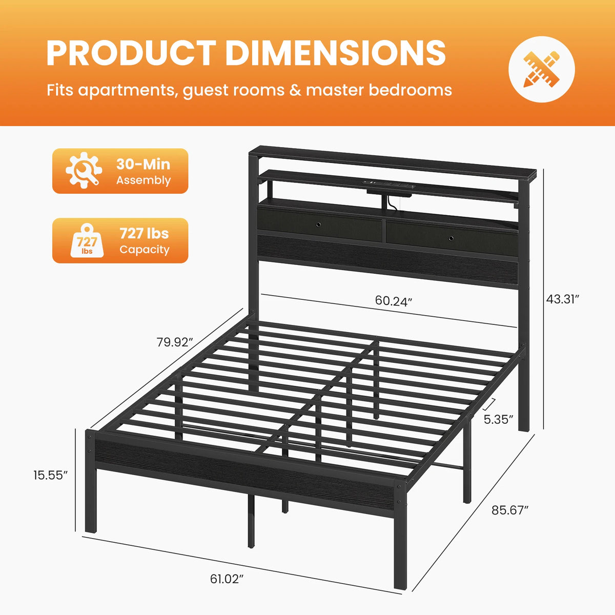 MCQ Metal Platform Bed Frame With Storage Headboard Charging Station
