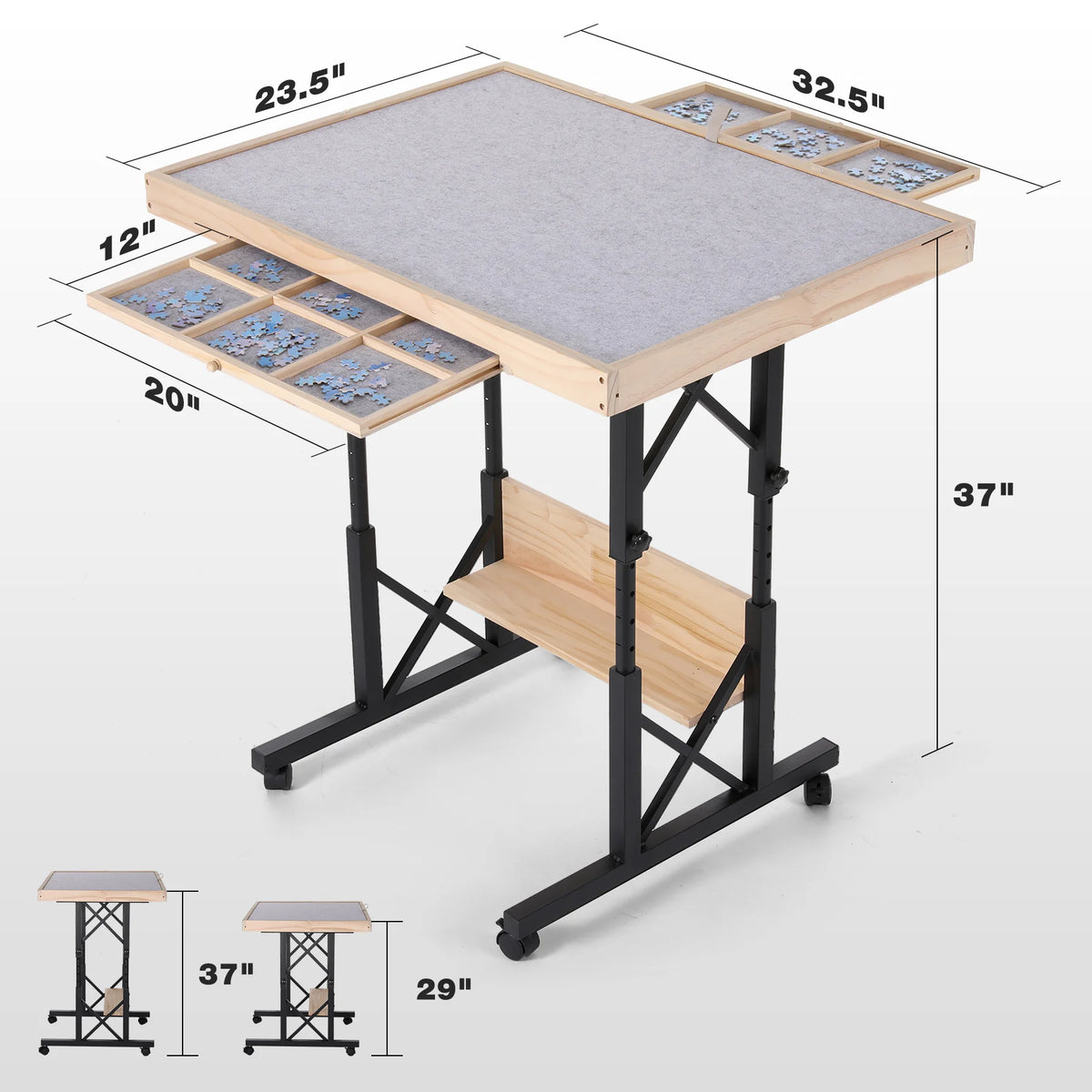 Adjustable Wooden Puzzle Table with Tilting Board and Storage Drawers