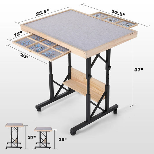 Adjustable Wooden Puzzle Table with Tilting Board and Storage Drawers