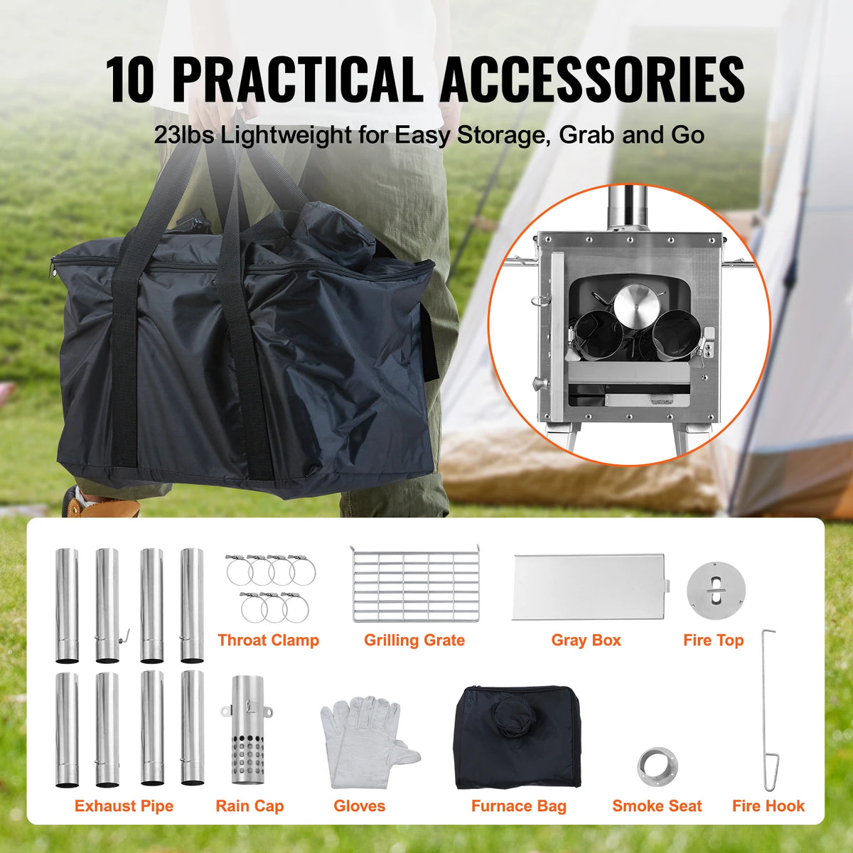 Portable Camping Wood Burning Stove With Chimney Pipes And Gloves