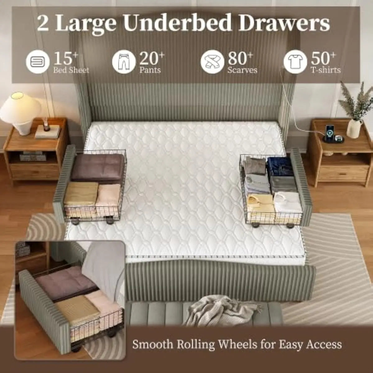 Upholstered Bed With Tall Wingback Headboard, LED Lighting And Storage