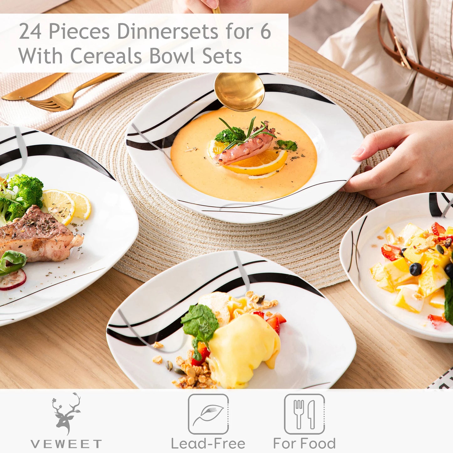 Malacasa Ceramic Line Pattern Dinner Plate Tableware Set For Dining