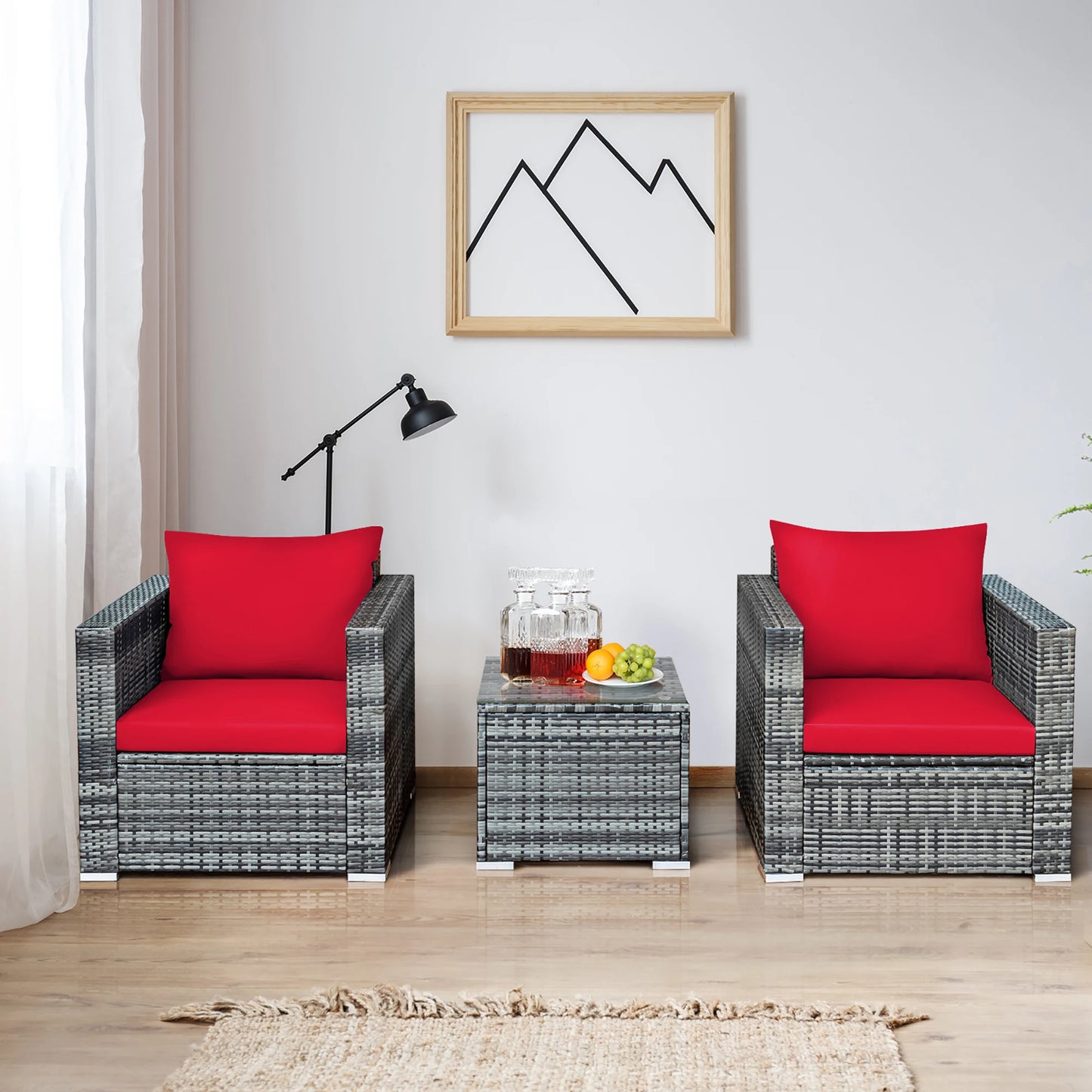 HOMASIS 3 Piece Patio Rattan Bistro Set With Cushioned Sofa