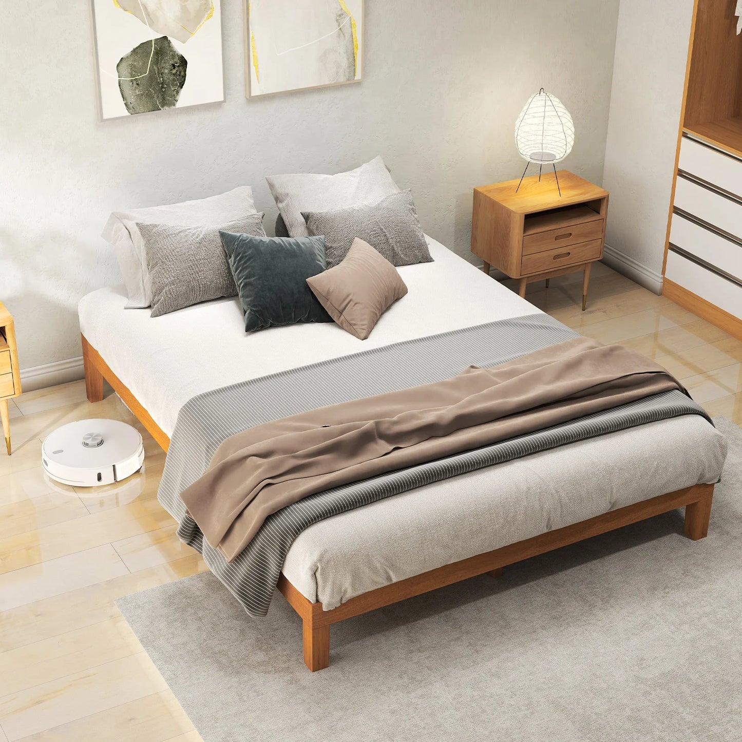 JHK Solid Wood Bed Frame With Sturdy Slat Support EcoFriendly