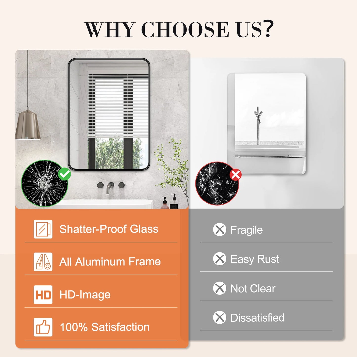 JHK Matte Metal Framed Bathroom Mirror For Wall Vanity