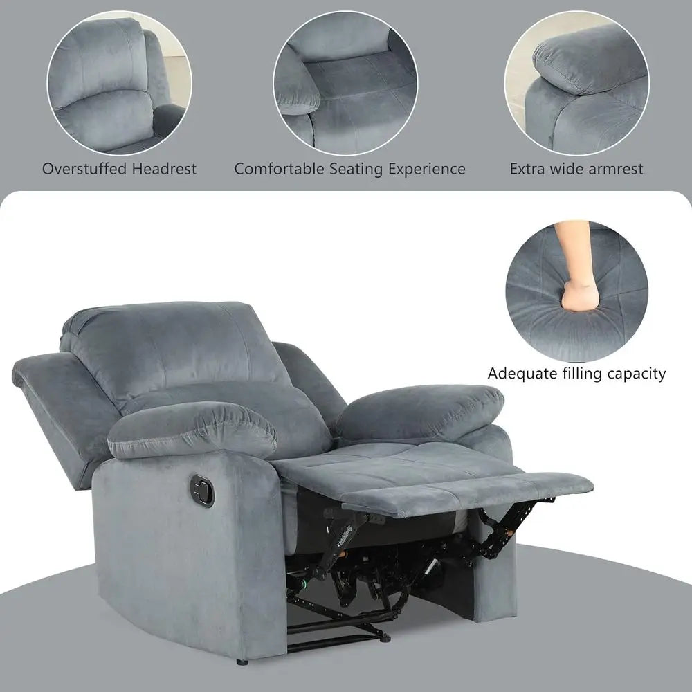 Manual Recliner Chair Overstuffed Fabric Sofa For Living Room