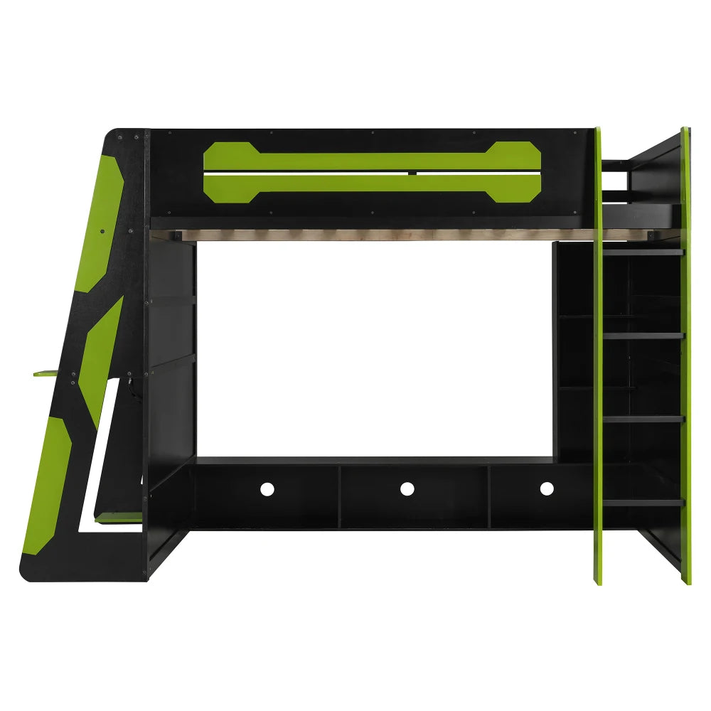 Solid Wood Loft Bed With Desk And Multi Storage Shelves