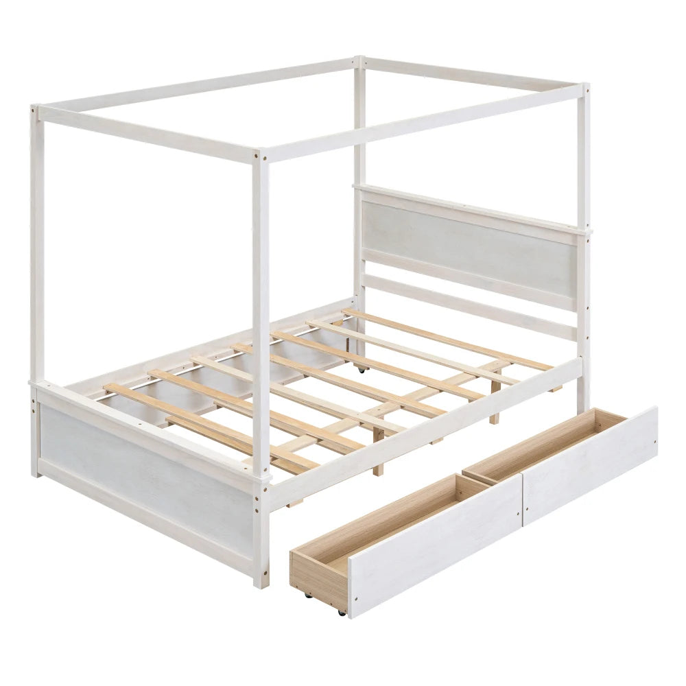 Solid Wood Canopy Bed With Trundle And Two Drawers