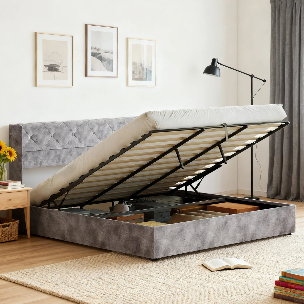 MCQ Lift Up Storage Bed Frame With Wingback Upholstered Headboard