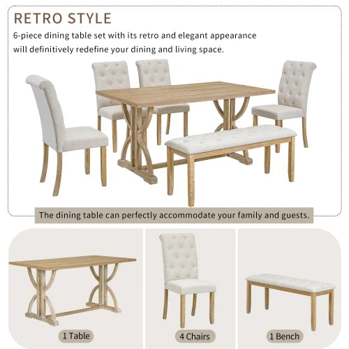 Retro Rectangular Dining Table Set With Upholstered Chairs And Bench