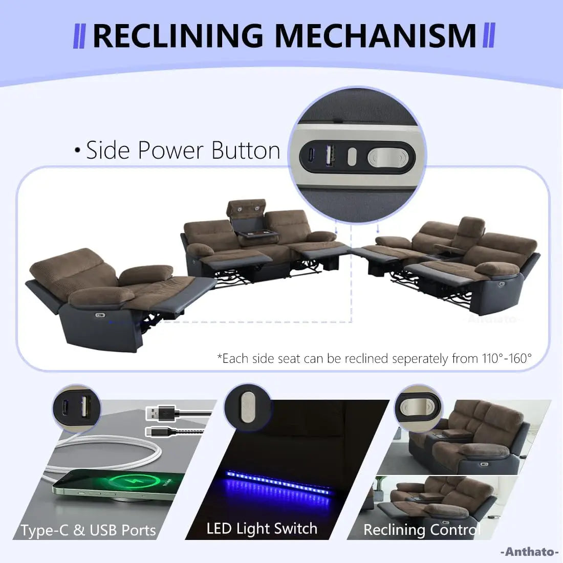 Power Recliner Loveseat With LED Lighting And Breathable Leather