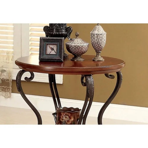 Traditional Brown Cherry End Table With Open Bottom Shelf And Ornate Scroll Legs