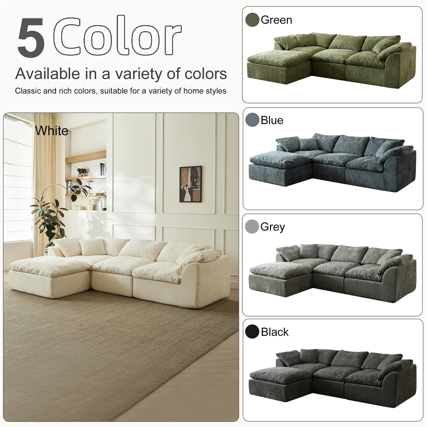 Yeflixvrau Modern Cloud LShaped Chenille Fabric Sofa Modular Sectional Ottoman