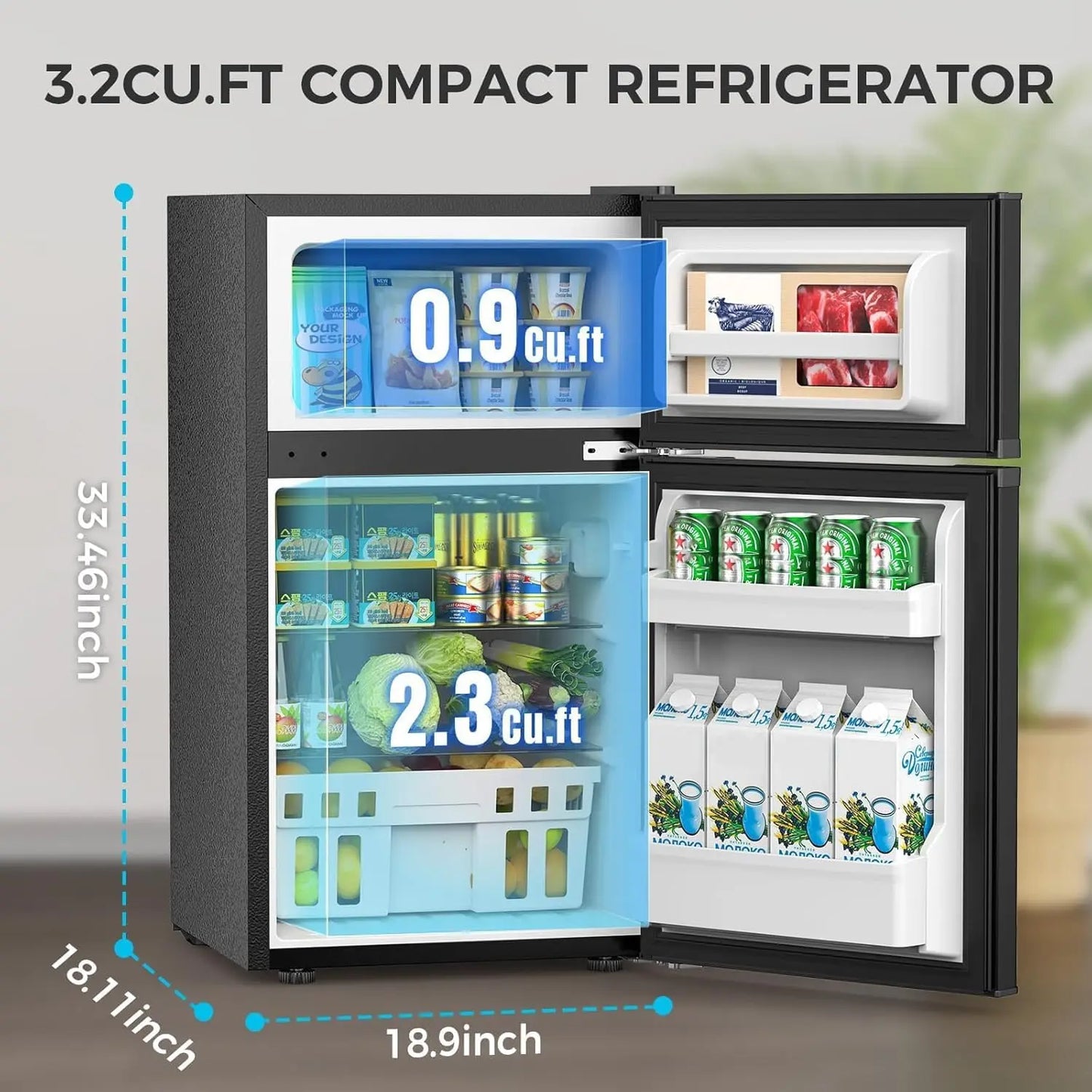 XMSJ Double Door Compact Refrigerator With Freezer For Bedroom