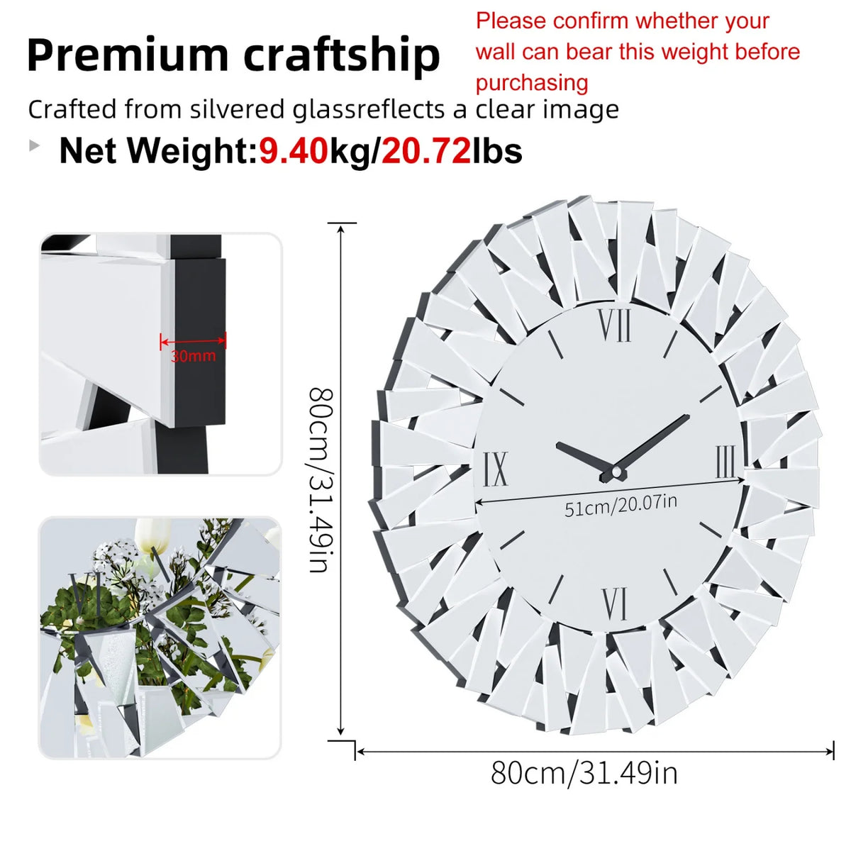 Mirrored Wall Clock With Beveled Glass Edge Silent Movement