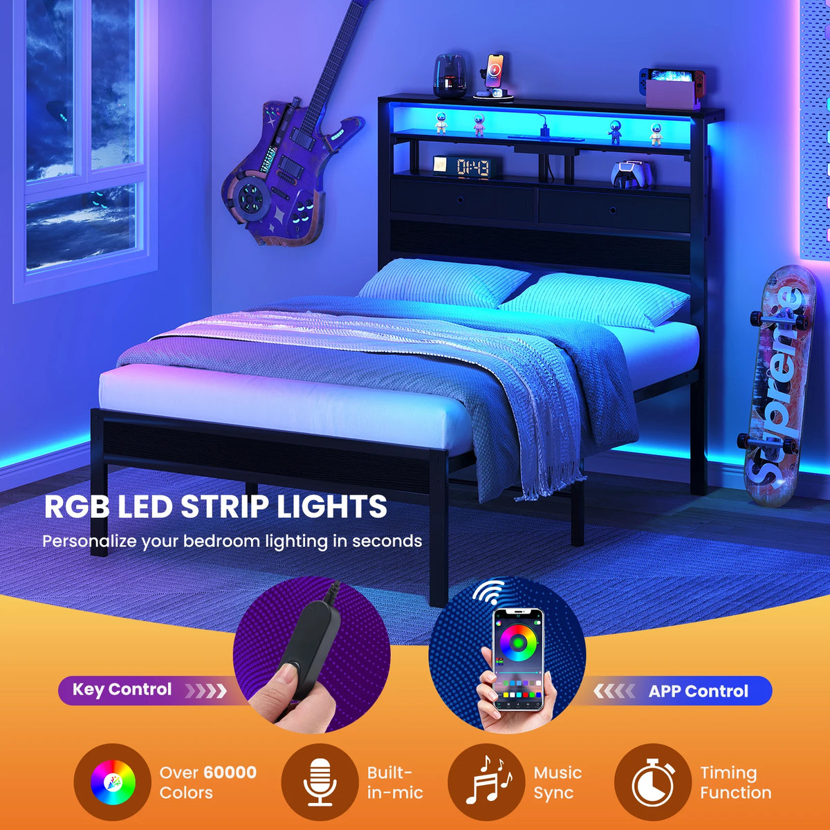 MCQ Metal Platform Bed Frame With Storage Headboard Charging Station