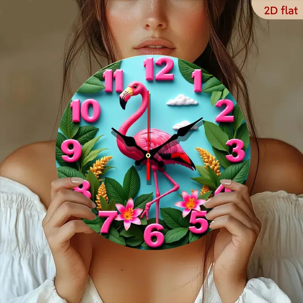 Nursery Wall Clock Flamingo Tropical Garden Lilies Leaves Decor