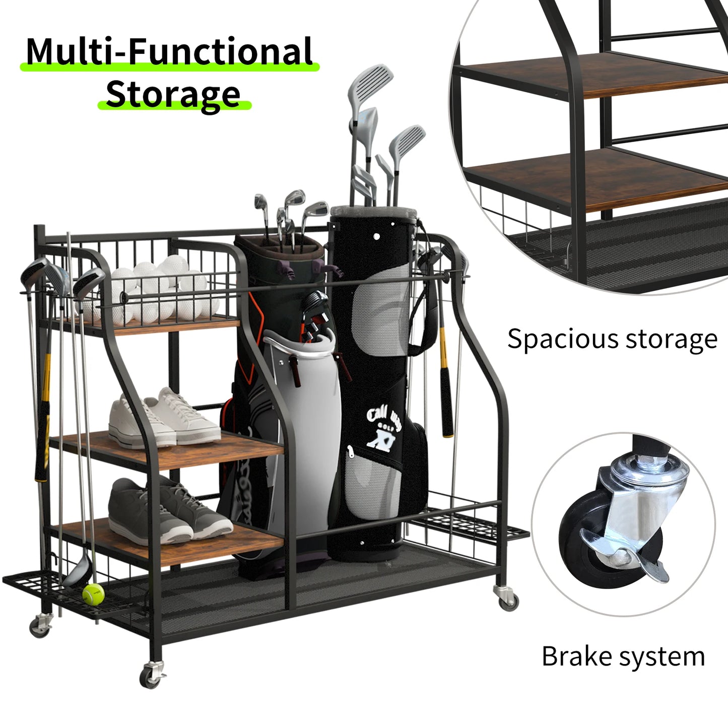 Rolling Golf Storage Rack Garage Organizer With Lockable 360 Degree Wheels