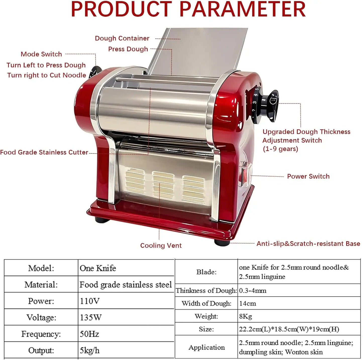 XMSJ Electric Pasta Maker Noodle Dough Press With Cutter 135W