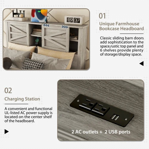 Farmhouse Platform Bed With Double Sliding Door Storage Charging Station