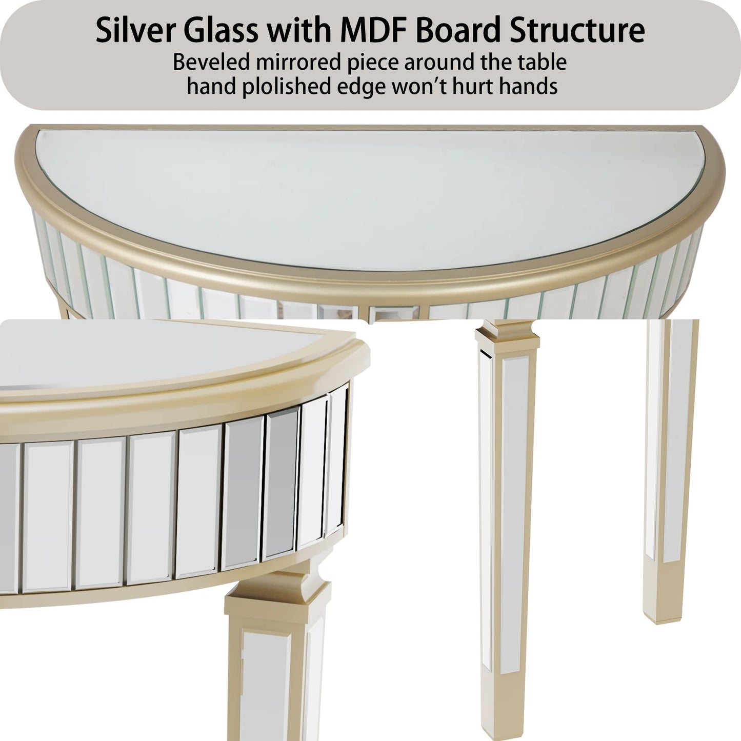 Half Moon Mirrored Console Table Living Room Entryway
