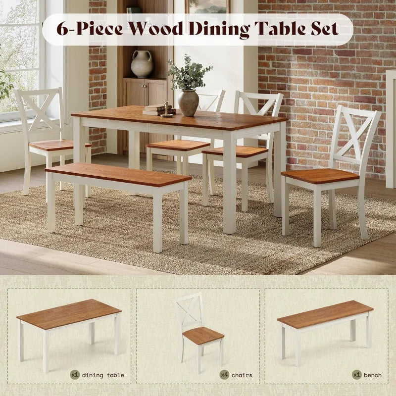 Farmhouse 6-Piece Dining Set With Wooden Table And Chairs