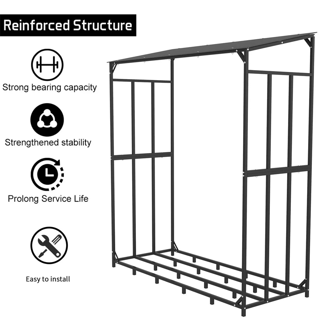 Outdoor Metal Firewood Log Storage Rack With Waterproof Roof