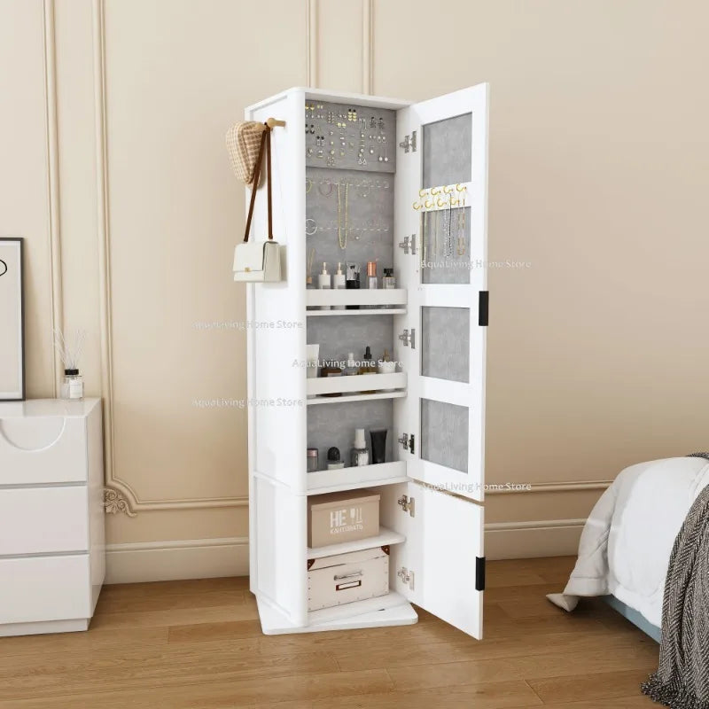 Rotating Mirror Jewelry Storage Cabinet With Shelves