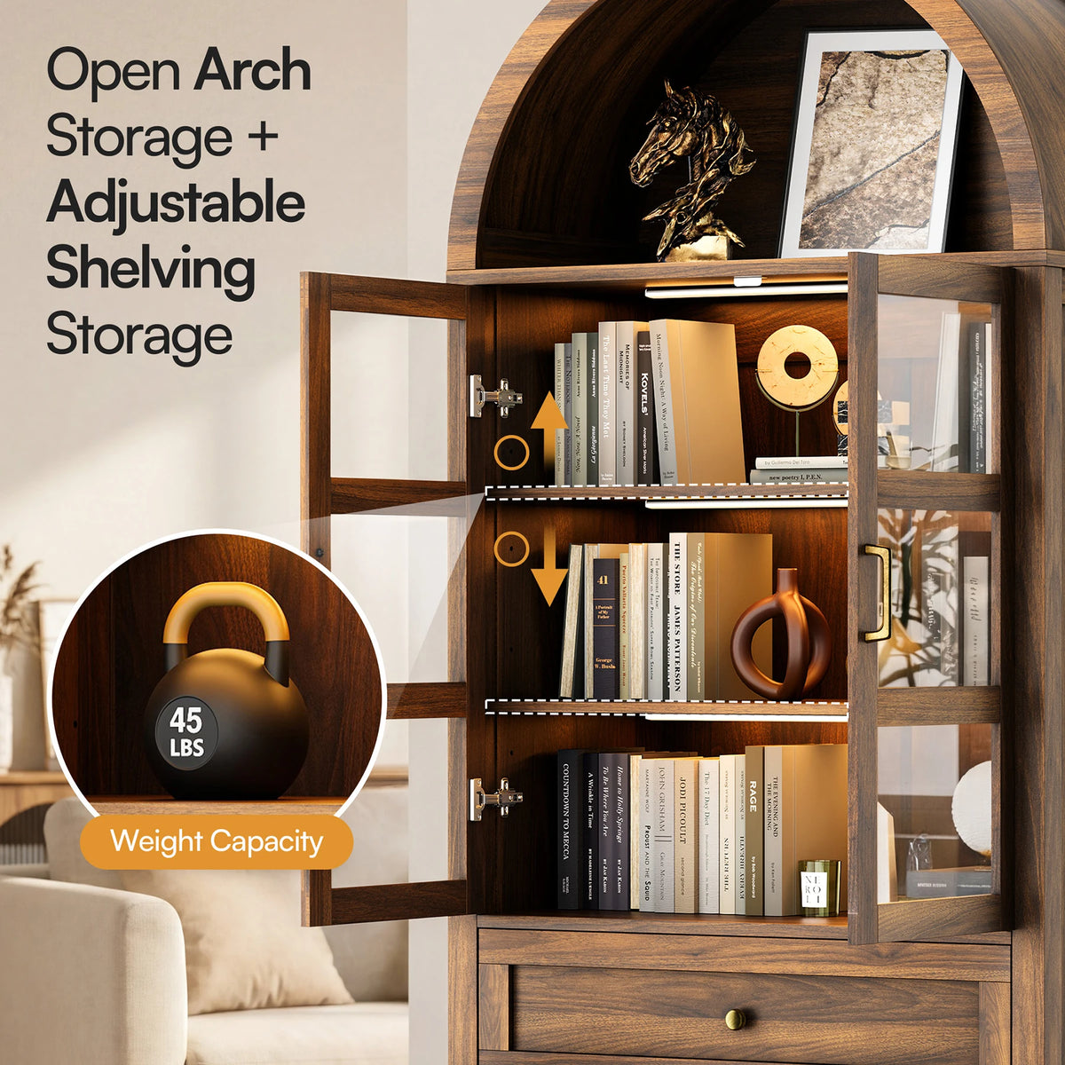 Cottinch Arched Storage Cabinet Adjustable Shelves Dimmable LED Lights