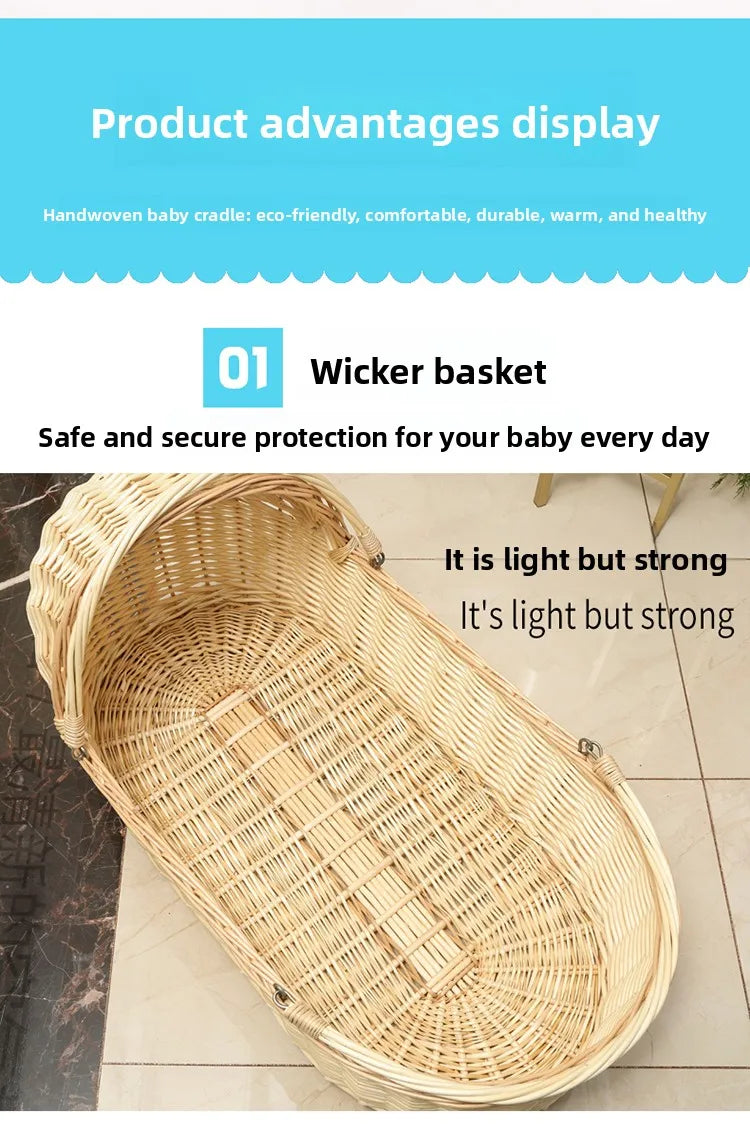 Rattan Baby Basket Portable Cradle for Newborns Foldable and Lightweight