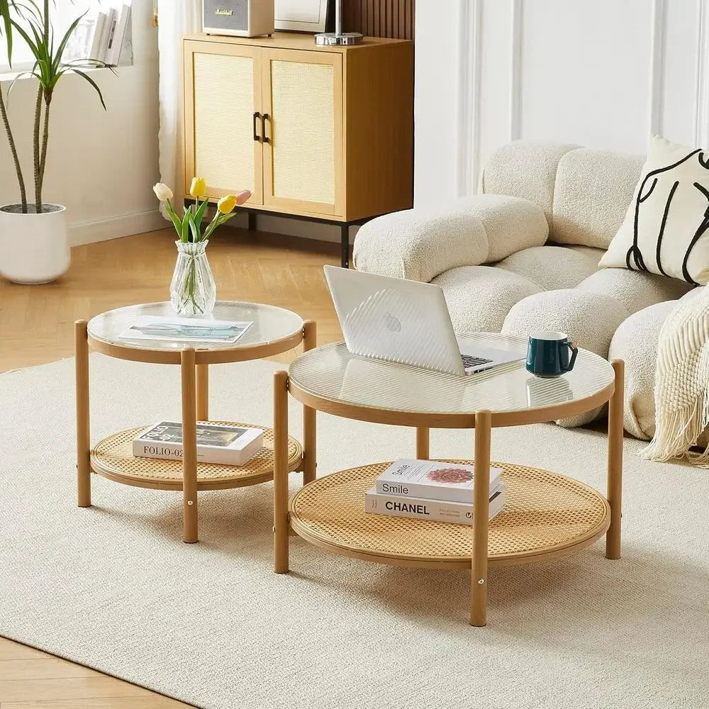Boho Rattan Coffee Table Set Of 2 For Small Spaces