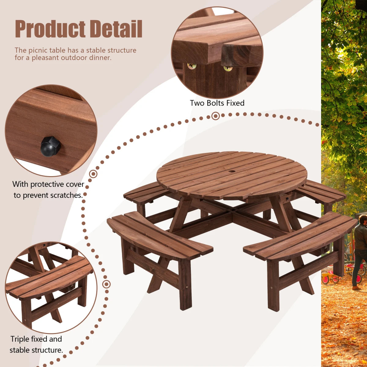 Wooden Outdoor Picnic Table With Built In Benches For Garden