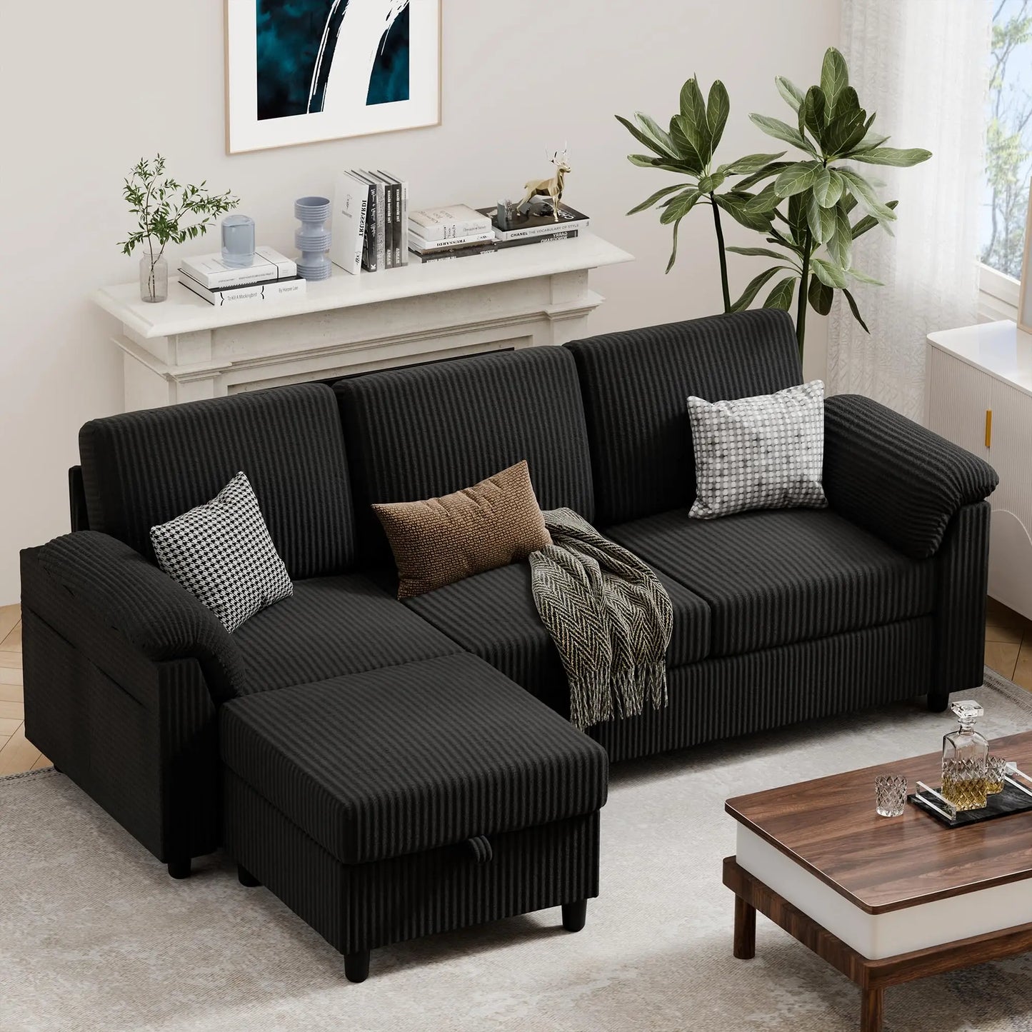 L-Shaped Convertible Sofa With Storage Ottoman And Side Pocket
