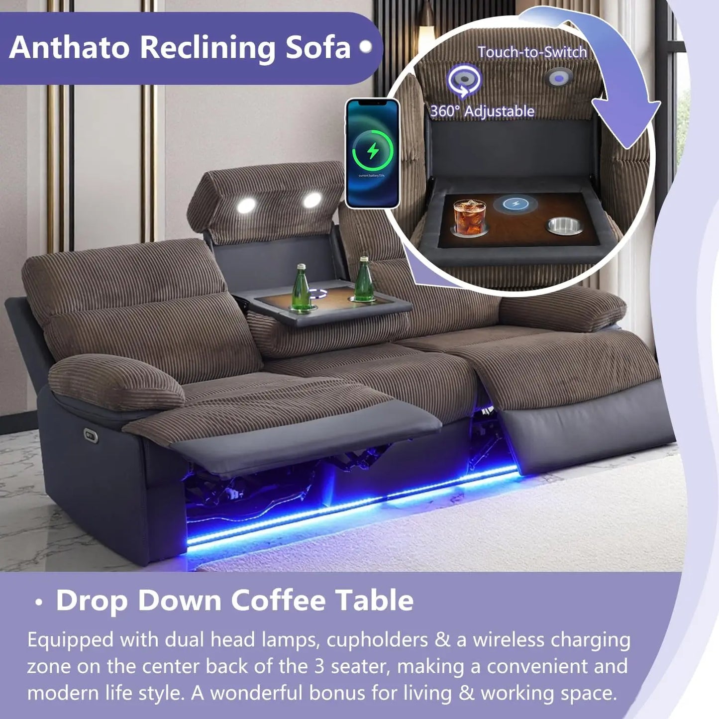 Power Recliner Loveseat With LED Lighting And Breathable Leather