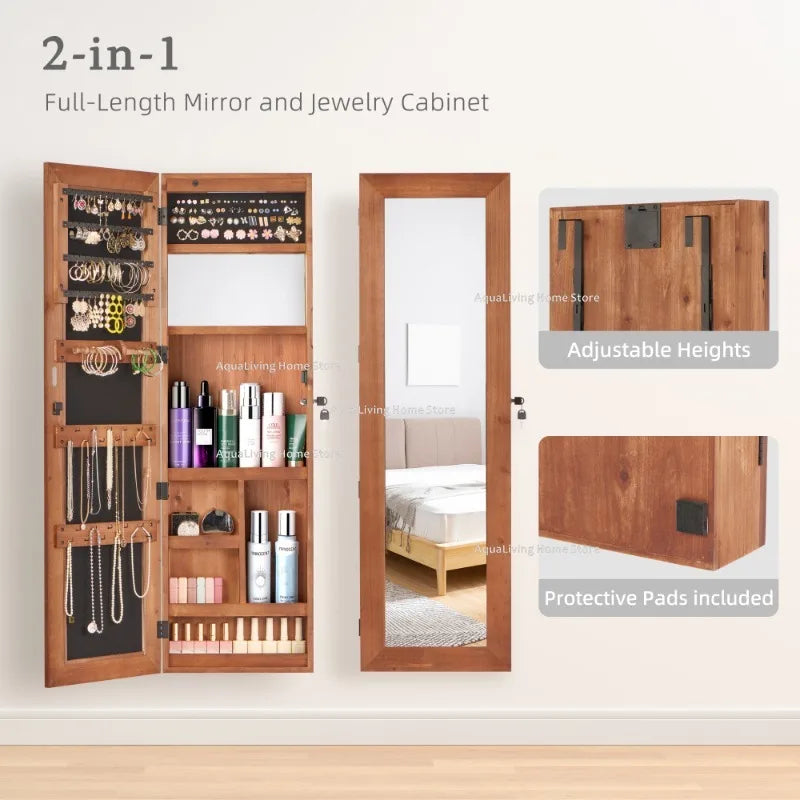Solid Wood Jewelry Armoire With Full-Length Mirror And LED Lights