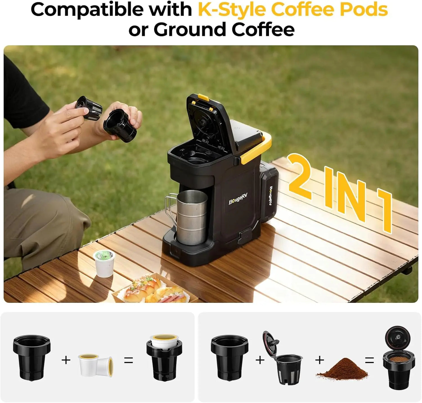 Cordless Portable Coffee Maker With 18V Battery For K Cup Pods And Ground Coffee