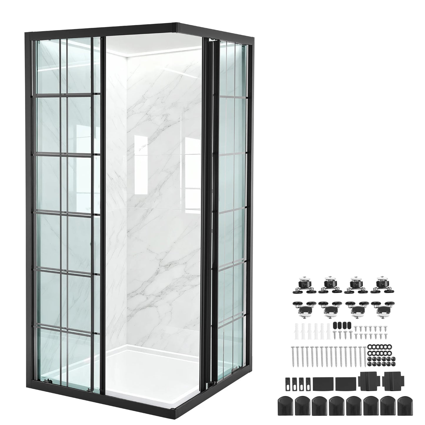 SucceBuy Framed Corner Double Sliding Shower Door With Tempered Glass