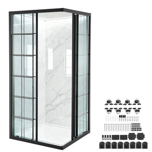 SucceBuy Framed Corner Double Sliding Shower Door With Tempered Glass