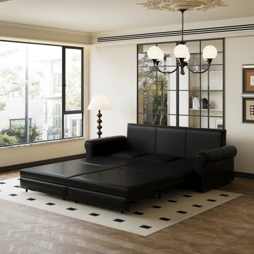 Sofa Bed 3in1 Faux Leather Convertible Sleeper With Nailhead Trim