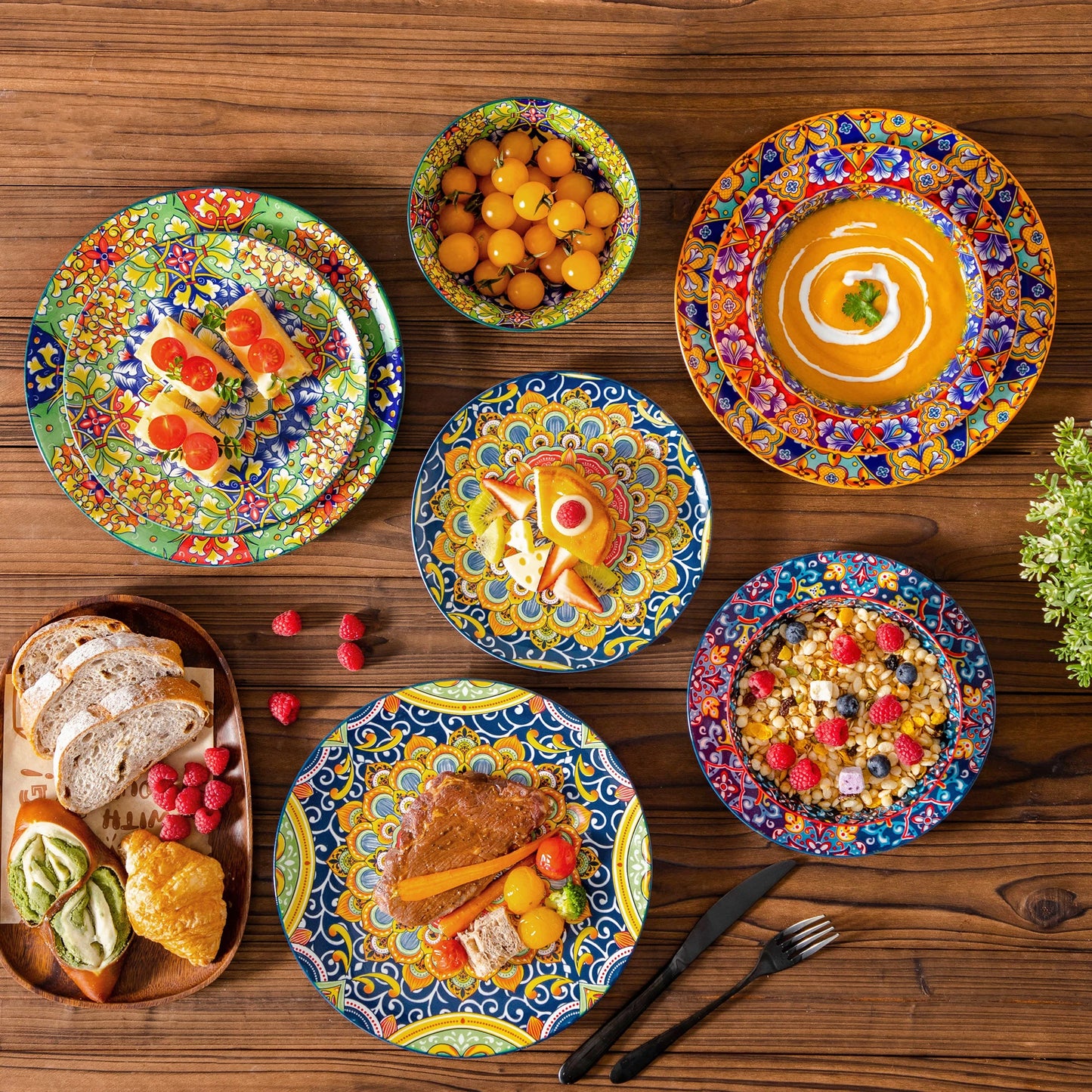 Malacasa Bohemian Ceramic Dinnerware Set With Floral Porcelain Plates