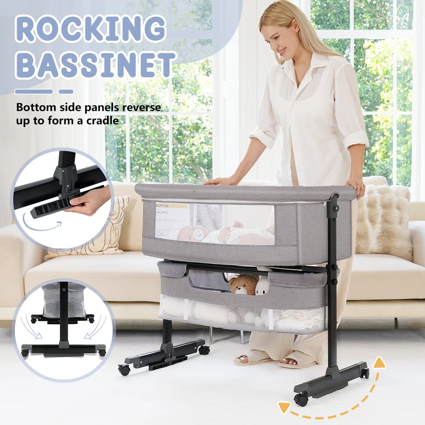 Baby Bedside Bassinet 3 in 1 Crib Portable Foldable