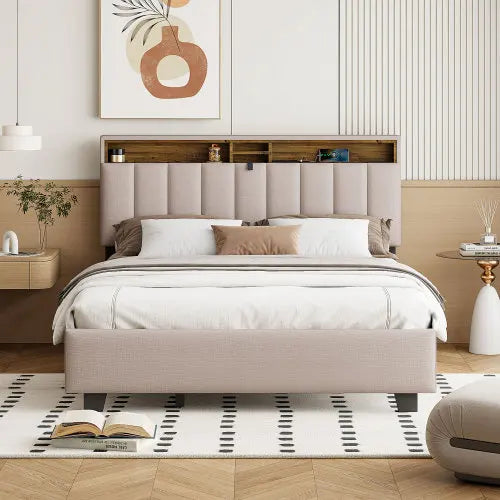 Upholstered Platform Bed With Storage Headboard And USB Ports
